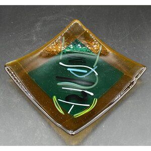 Color Block Fused Art Glass 6” Square Plate Colorful Green Amber